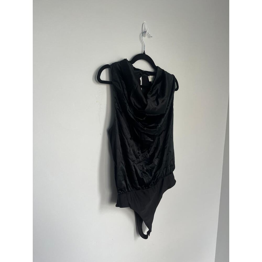 Cami NYC Black Bodysuit Women L Sleeveless Satin‎ Thong Snap Back